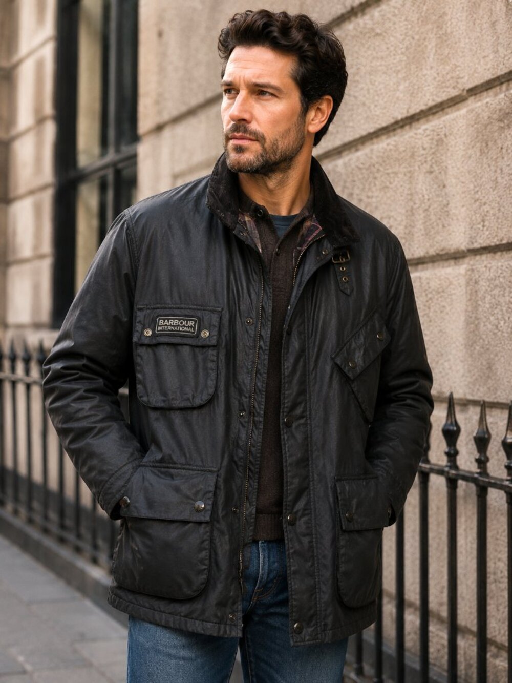 Barbour International Waxed Jacket Black Motorcycle Field Coat 2XL